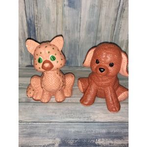 Vintage Pair Of Adorable Hand Painted Quilted Ceramic Dog & Cat Figures